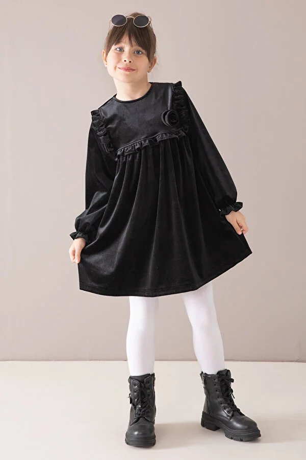 Fırfır Detaylı Kadife Elbise